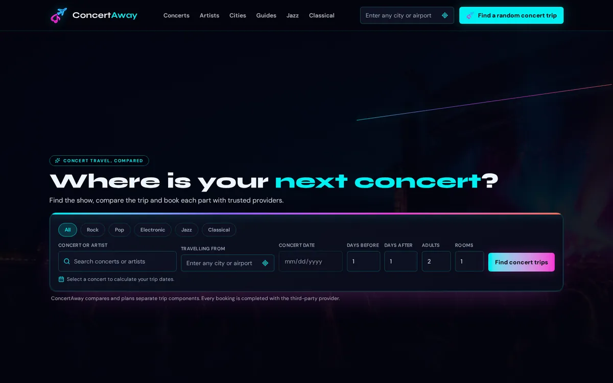 ConcertAway.com homepage showing concert and travel discovery search