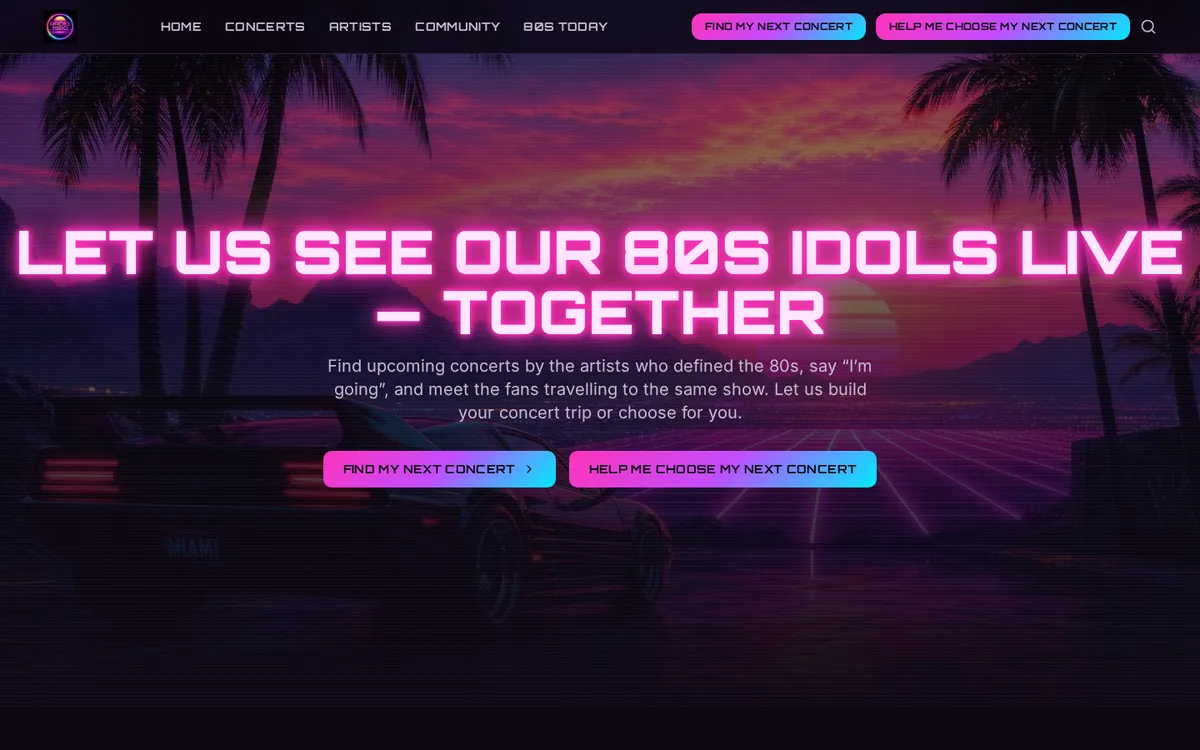 Radio1980.com homepage showing its 1980s music and concert platform